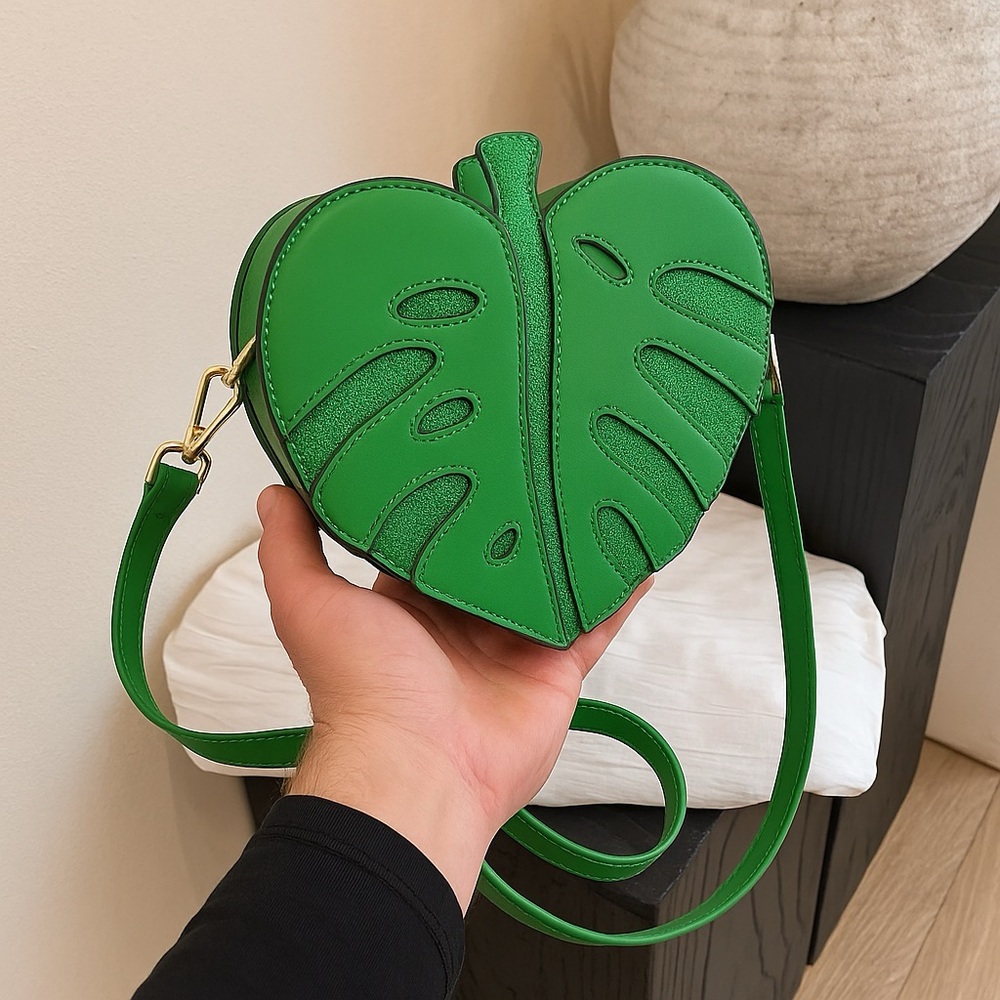Monstera Green Leaf-Shaped Faux Leather PU Crossbody Bag - Picture 6 of 6
